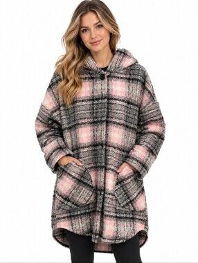 RD Style Conscious Plaid Hooded Coat Pink Grey Black Size S